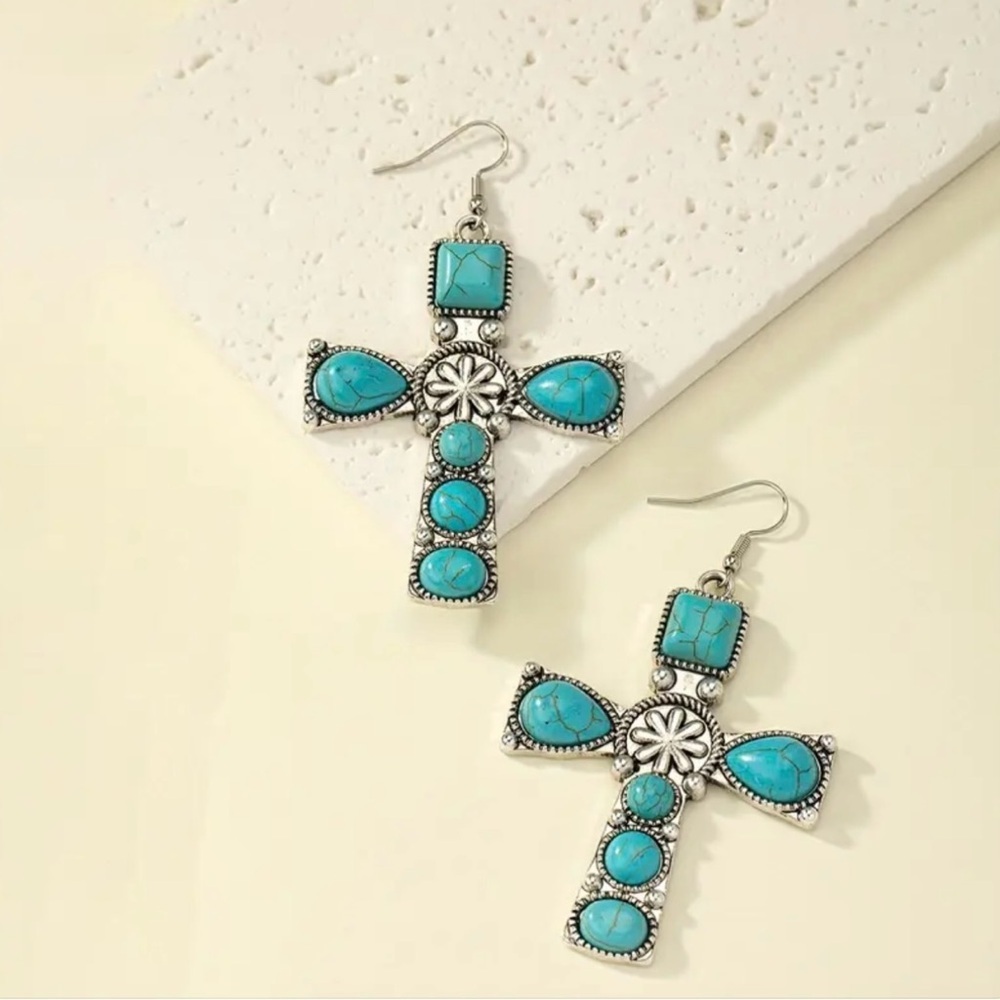 NEW - Turquoise Cross Earrings, Western Jewelry, Faith Turquoise Jewelry - Picture 2 of 3